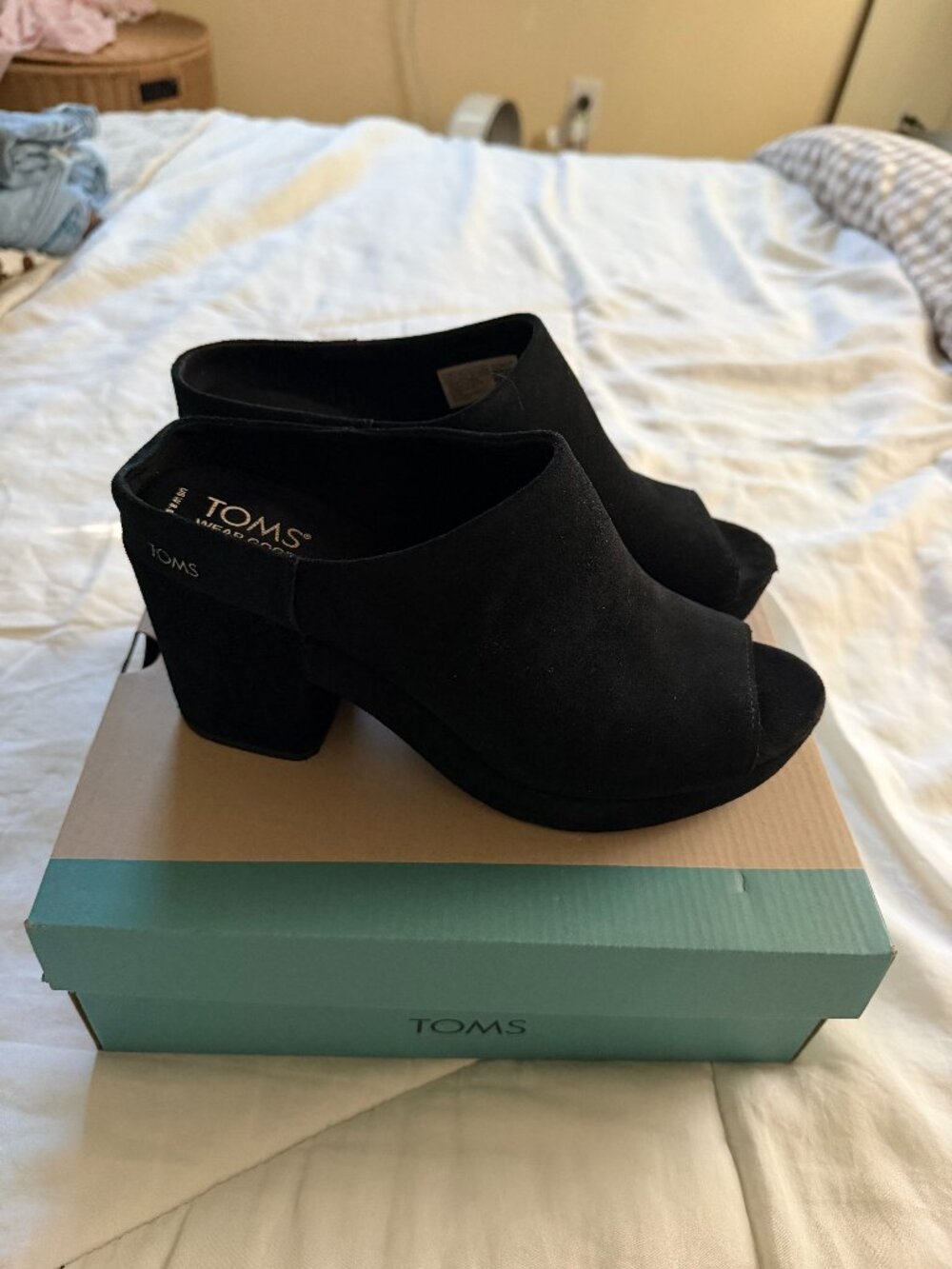 TOMS Florence Black Suede Mule Heels Size 8.5